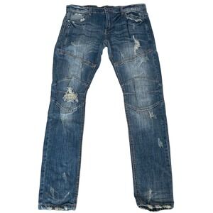 Decibel Biker Jeans Mens 36x33 Blue Distressed Paneled Moto Streetwear Slim Fit